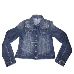 Girls GUESS Dark Wash Distressed Denim Jean Jacket Embroidered Jewels Size 16